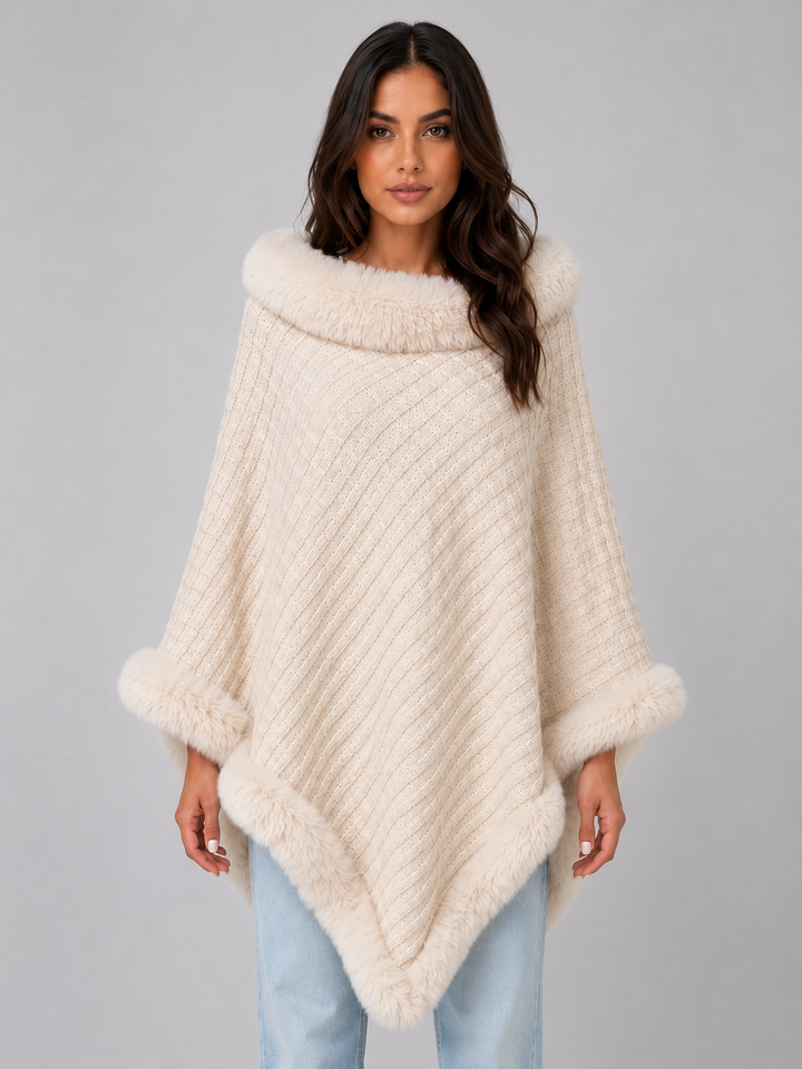 Letizia Monti | Women’s Knitted Cape Coat – Faux Fur Trim Poncho