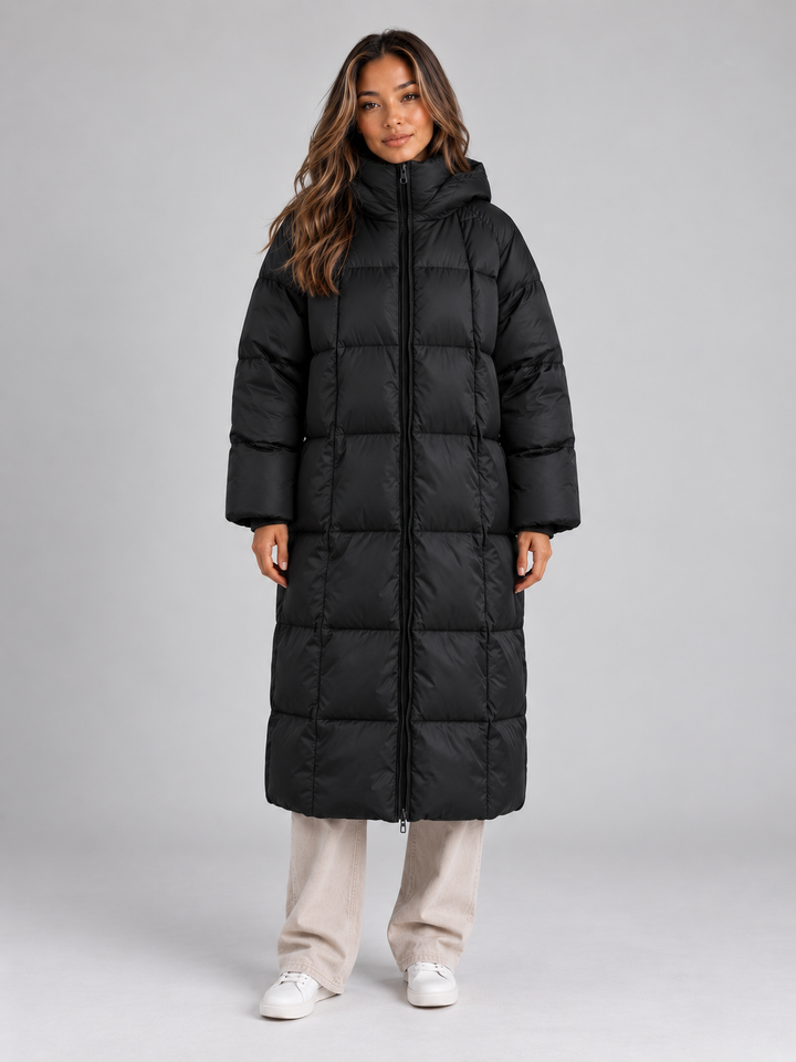 Isla Faure | Women’s Long Hooded Puffer Coat – Padded Full Zip Winter Jacket