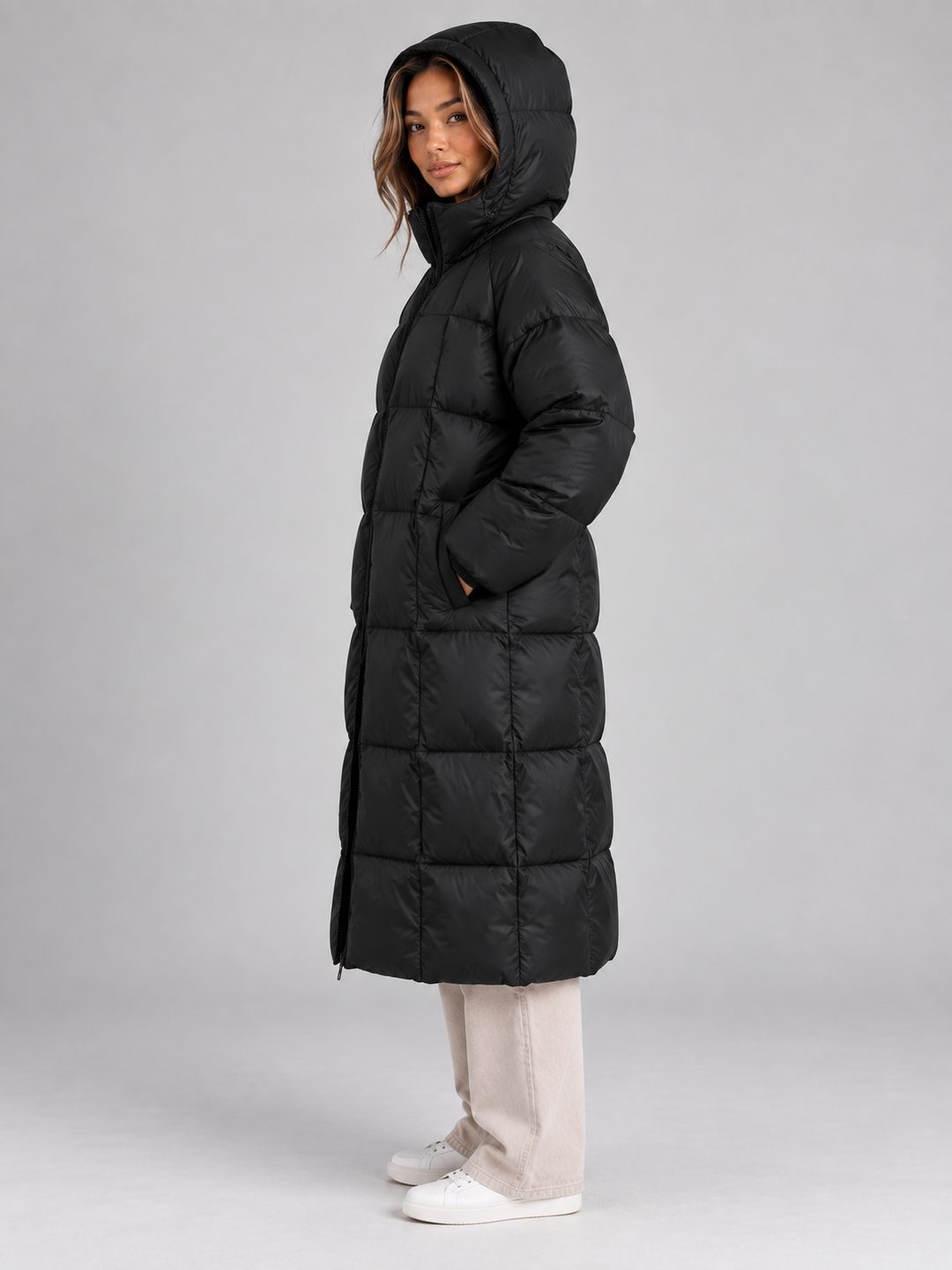 Isla Faure | Women’s Long Hooded Puffer Coat – Padded Full Zip Winter Jacket