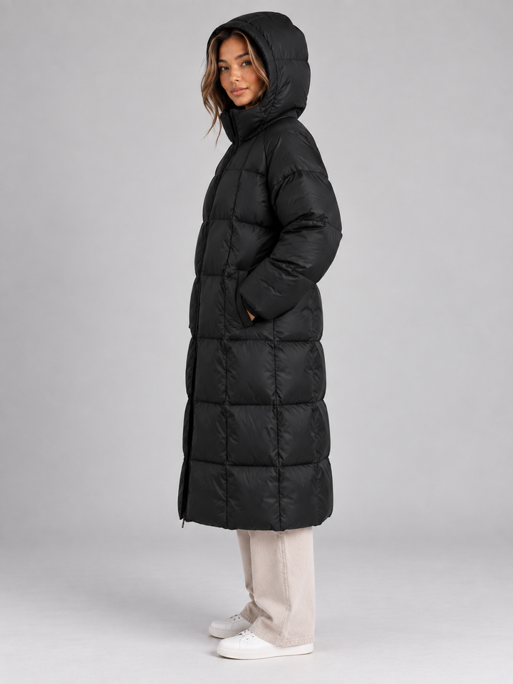 Isla Faure | Women’s Long Hooded Puffer Coat – Padded Full Zip Winter Jacket
