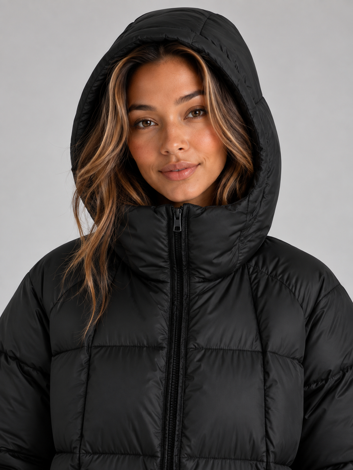 Isla Faure | Women’s Long Hooded Puffer Coat – Padded Full Zip Winter Jacket