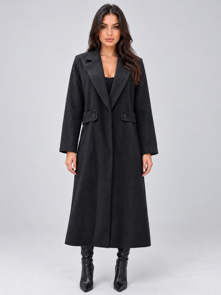 Juliet Charpentier | Women’s Longline Tailored Coat – Notched Lapel Button Detail Jacket