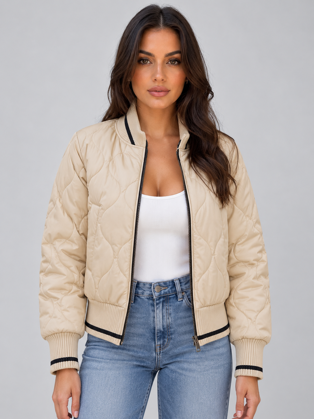 Léonille Clairval | Women’s Quilted Bomber Jacket – Ribbed High Neck Zip-Up Coat