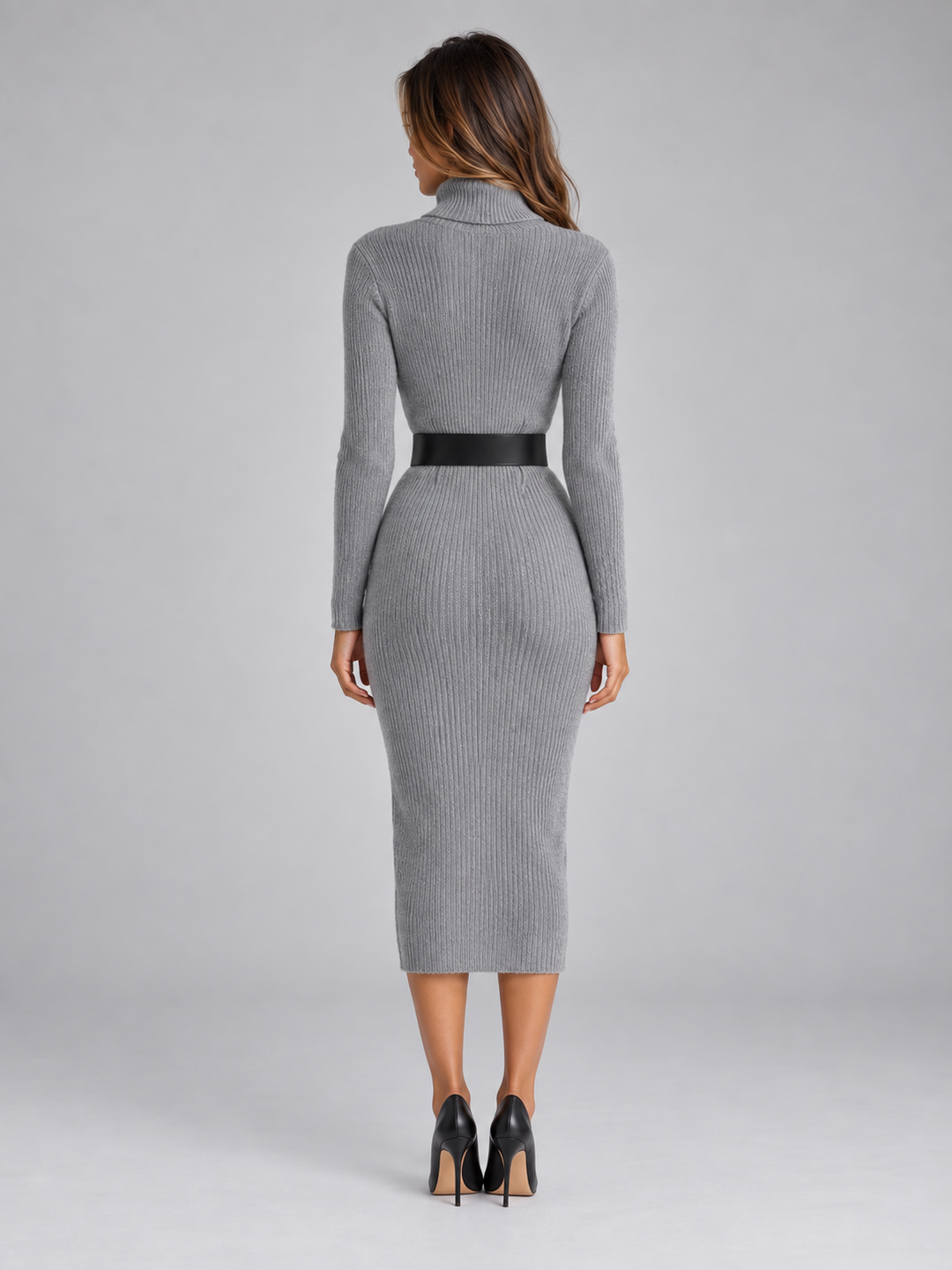 Sienna Corbin | Women’s Ribbed Knit Midi Dress with Belt – Roll Neck Long Sleeve Jumper Dress