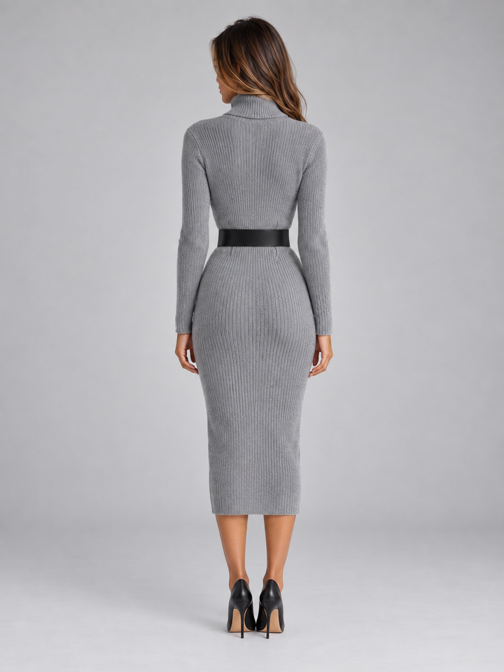 Sienna Corbin | Women’s Ribbed Knit Midi Dress with Belt – Roll Neck Long Sleeve Jumper Dress