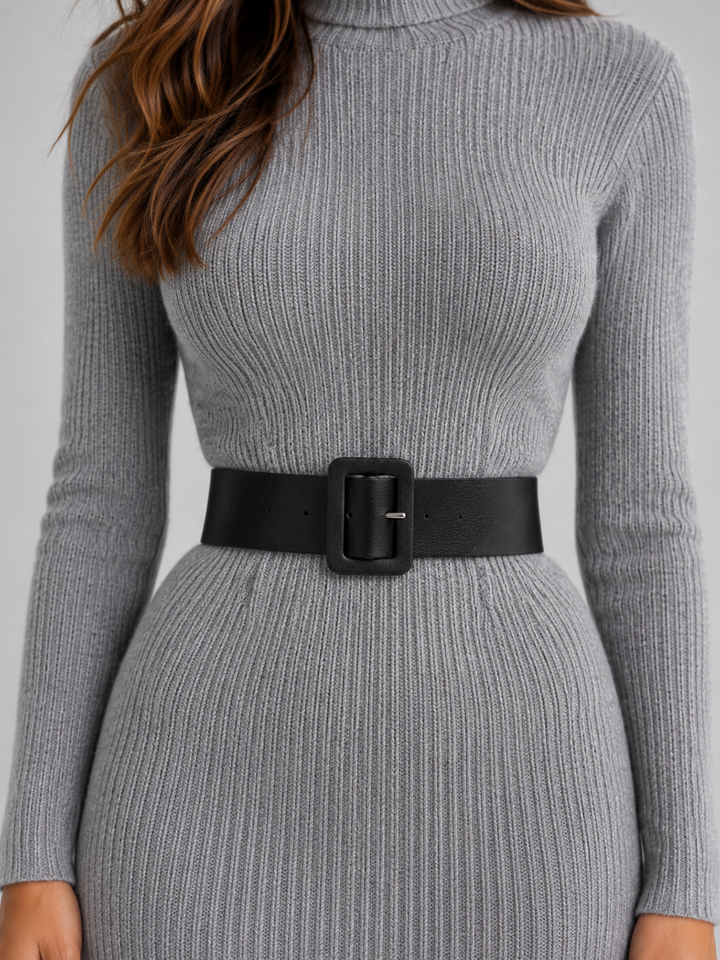 Sienna Corbin | Women’s Ribbed Knit Midi Dress with Belt – Roll Neck Long Sleeve Jumper Dress