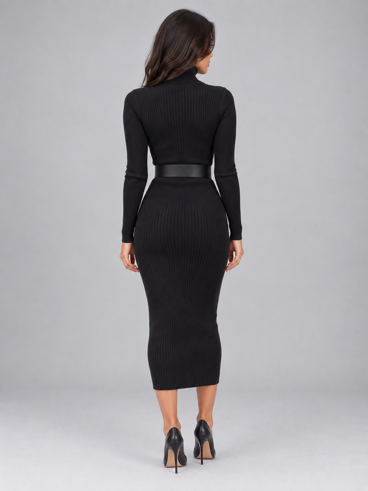 Fiona Aubert | Women’s Ribbed Roll Neck Midi Dress – Belted Bodycon Knit Dress