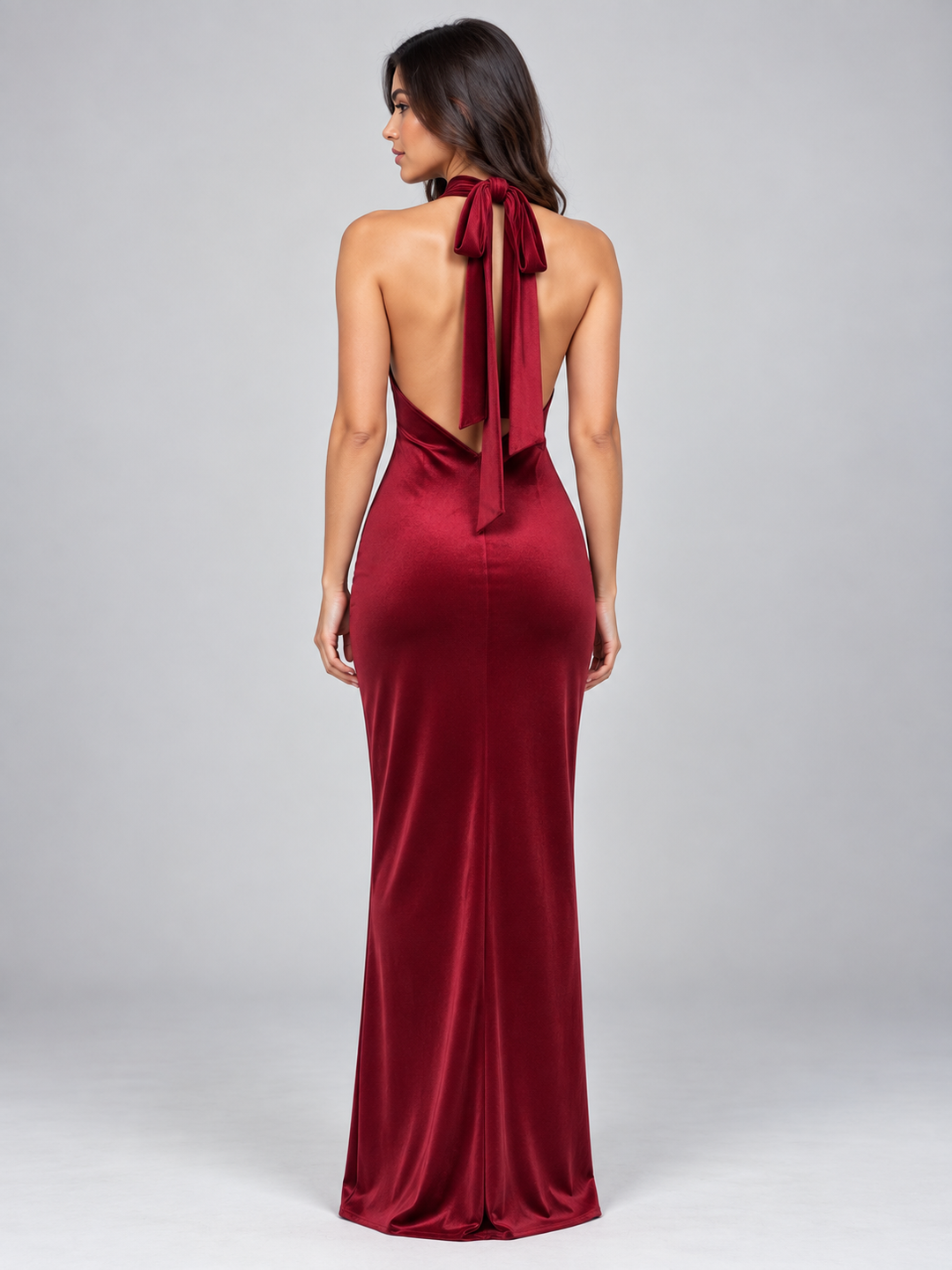 Martina Villa | Women’s Satin Look Halter Neck Maxi Dress – Backless Tie Neck Evening Gown