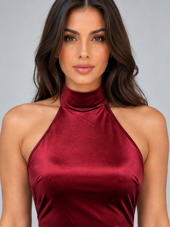 Martina Villa | Women’s Satin Look Halter Neck Maxi Dress – Backless Tie Neck Evening Gown