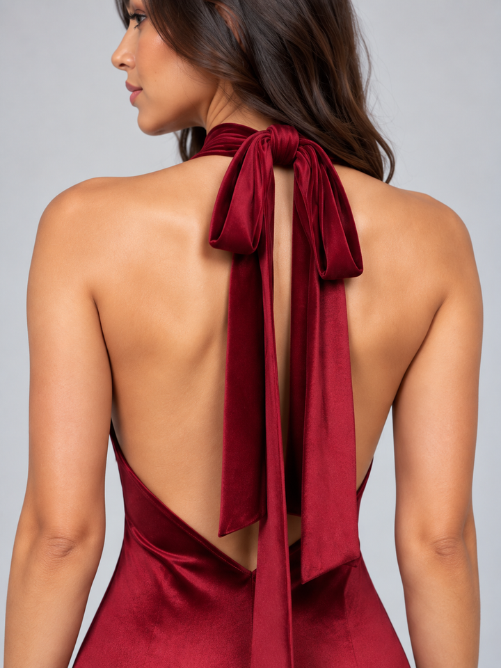 Martina Villa | Women’s Satin Look Halter Neck Maxi Dress – Backless Tie Neck Evening Gown