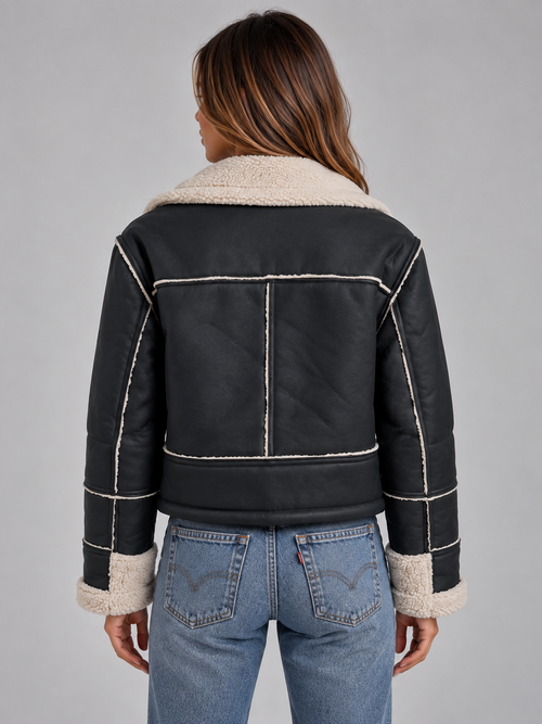 Adélise Vaubert | Women’s Shearling Look Aviator Jacket – Faux Fur Collar Zip-Up Coat