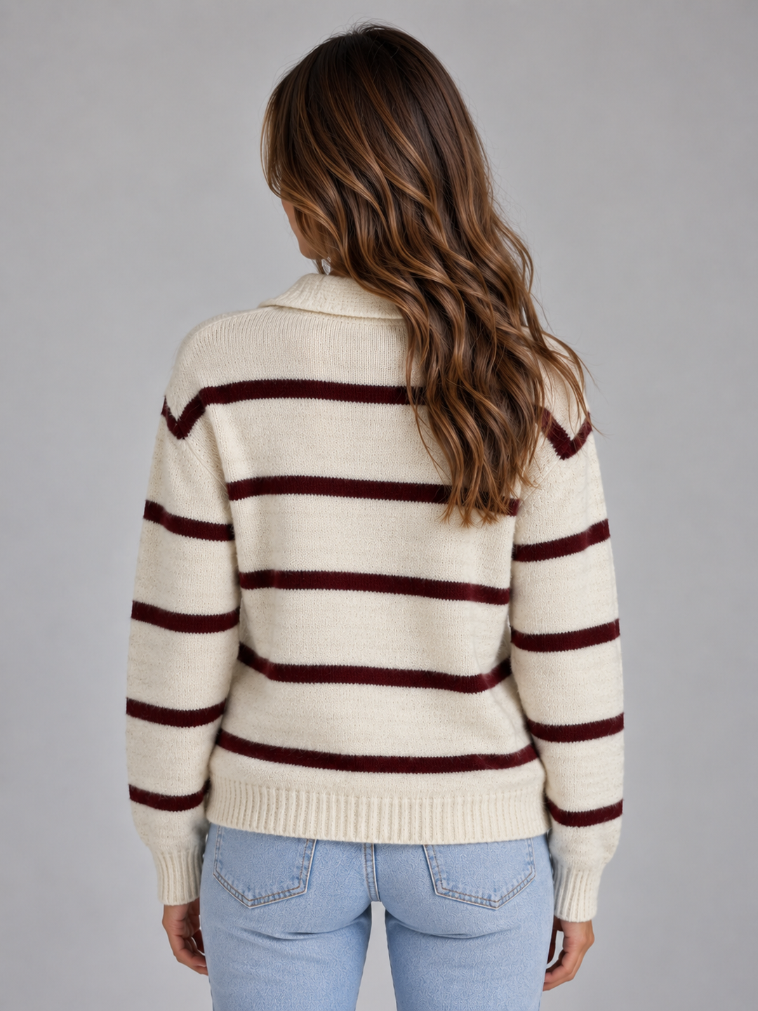 Paisley Delaunay | Women’s Wool Striped Jumper – Collared V-Neck Long Sleeve Knit Sweater
