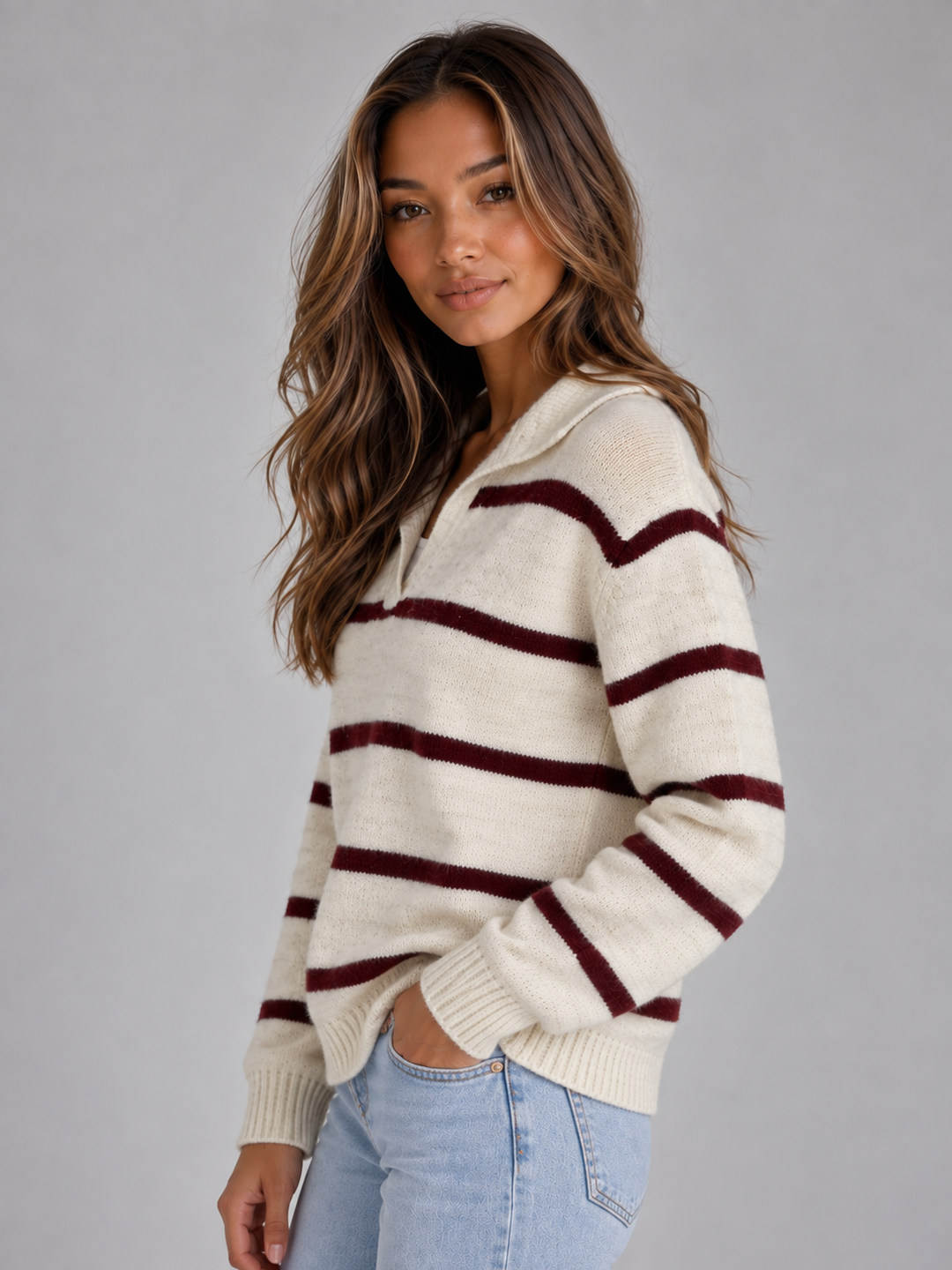 Paisley Delaunay | Women’s Wool Striped Jumper – Collared V-Neck Long Sleeve Knit Sweater