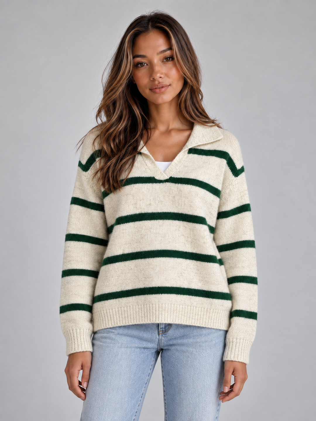 Paisley Delaunay | Women’s Wool Striped Jumper – Collared V-Neck Long Sleeve Knit Sweater
