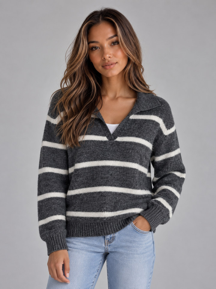 Paisley Delaunay | Women’s Wool Striped Jumper – Collared V-Neck Long Sleeve Knit Sweater