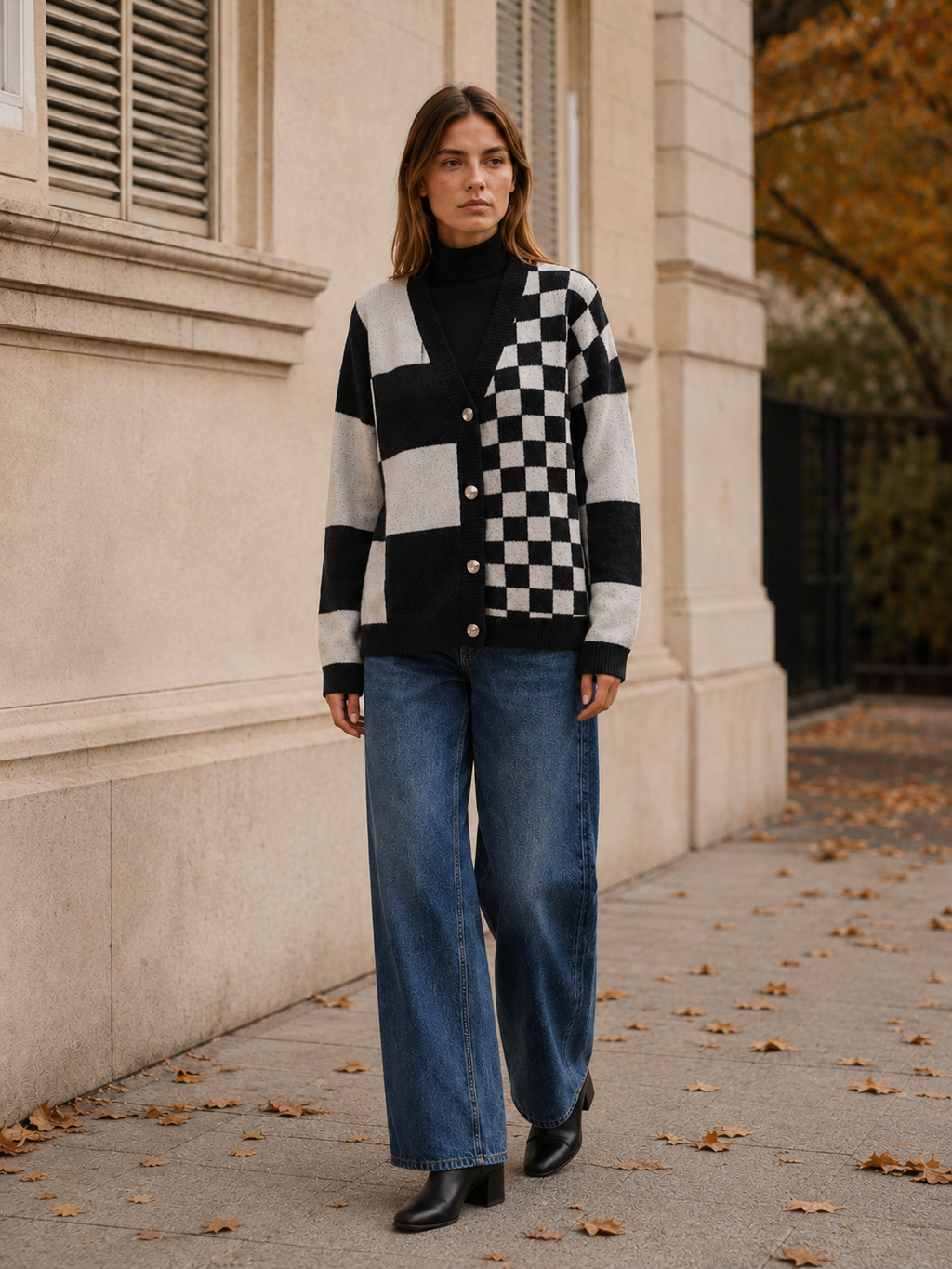 Inès Bellecour | Checked Cardigan with V-Neck and Button Front