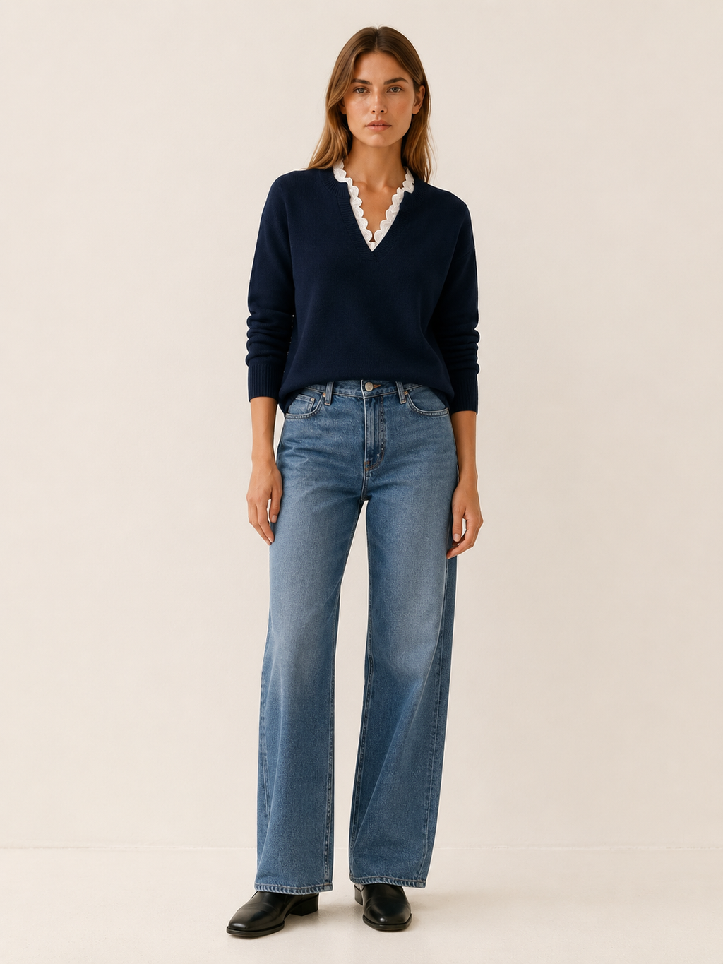 Mathilde Rosier | Women's Lace Insert V Neck Sweater