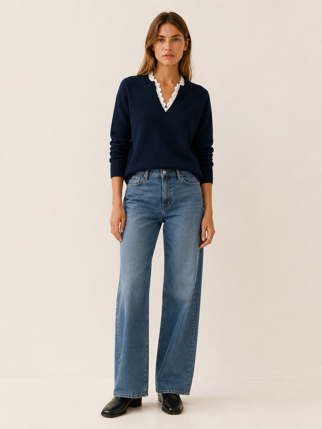 Mathilde Rosier | Women's Lace Insert V Neck Sweater