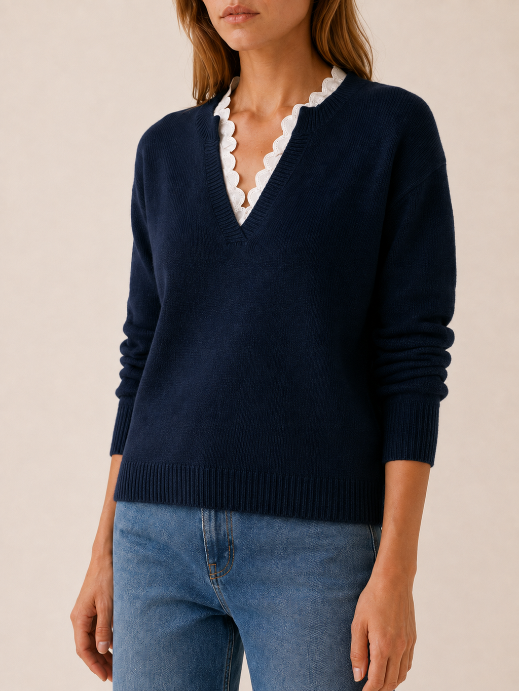 Mathilde Rosier | Women's Lace Insert V Neck Sweater