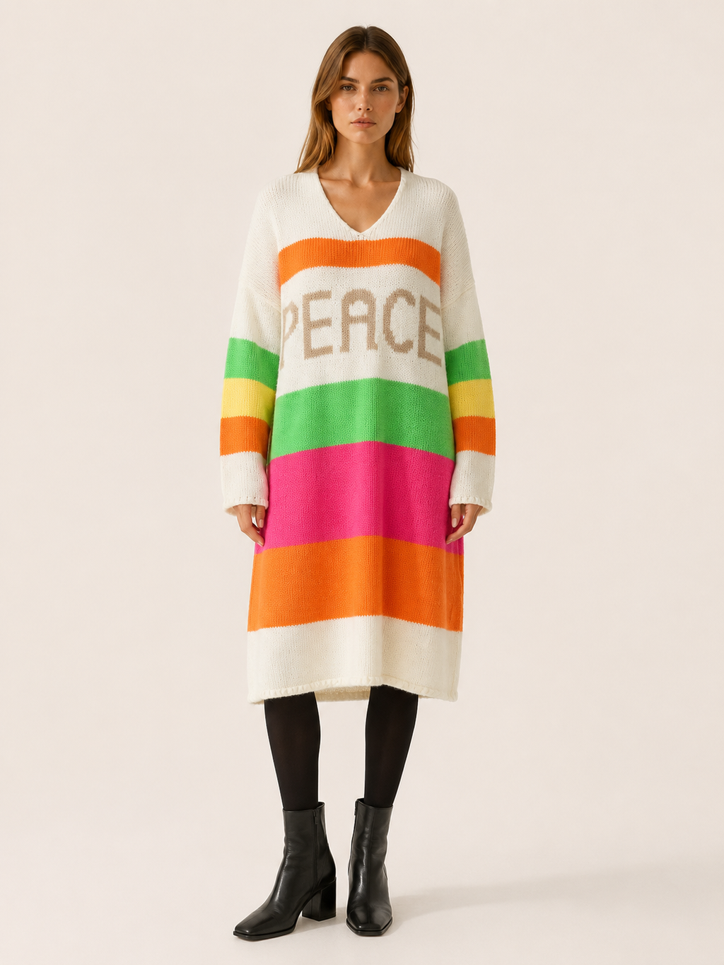 Isabeau Marcellin | Sweater Dress with V-Neck and Striped Panels