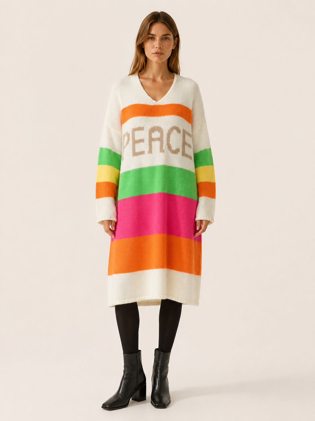 Isabeau Marcellin | Sweater Dress with V-Neck and Striped Panels