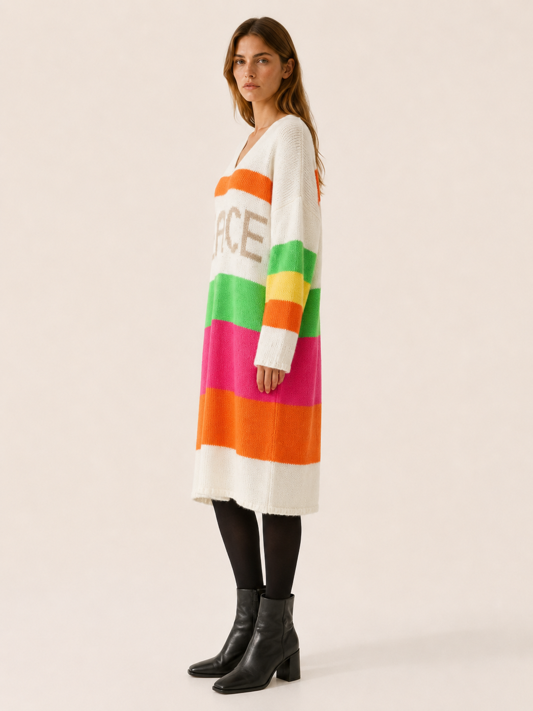 Isabeau Marcellin | Sweater Dress with V-Neck and Striped Panels