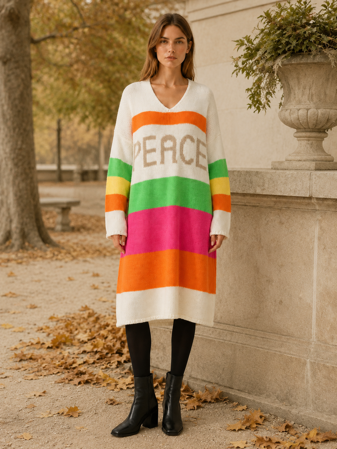 Isabeau Marcellin | Sweater Dress with V-Neck and Striped Panels