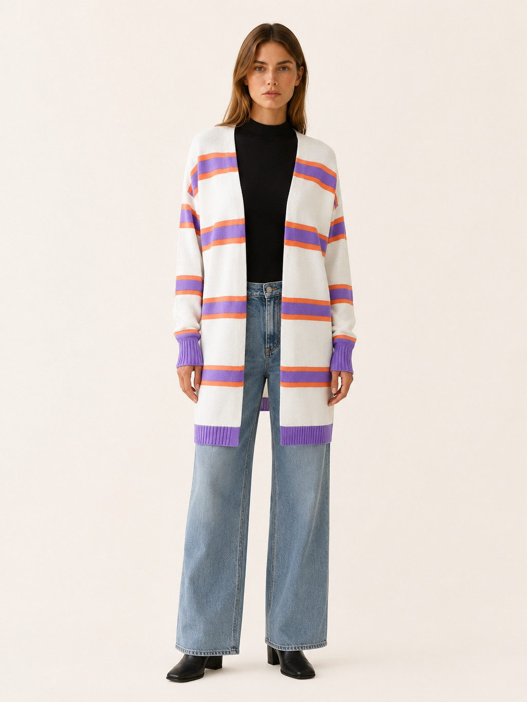 Maëlle Desrosiers | Long Cardigan with Open Front and Striped Design