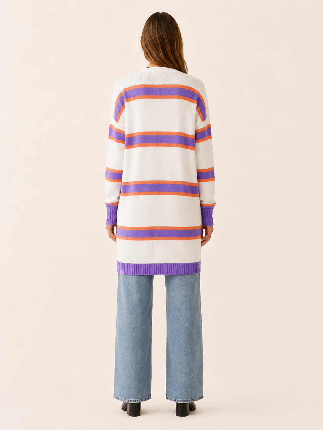 Maëlle Desrosiers | Long Cardigan with Open Front and Striped Design