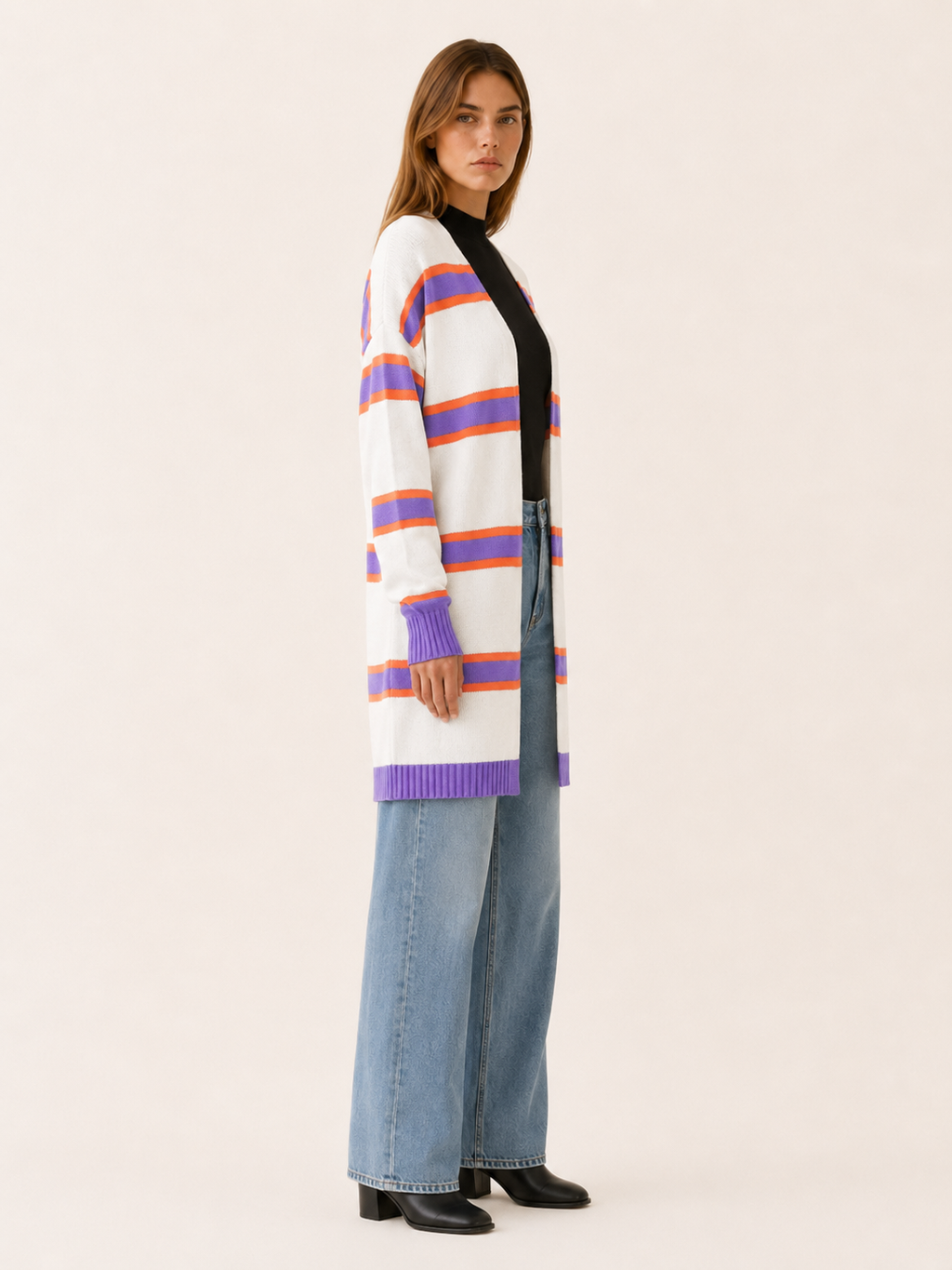Maëlle Desrosiers | Long Cardigan with Open Front and Striped Design