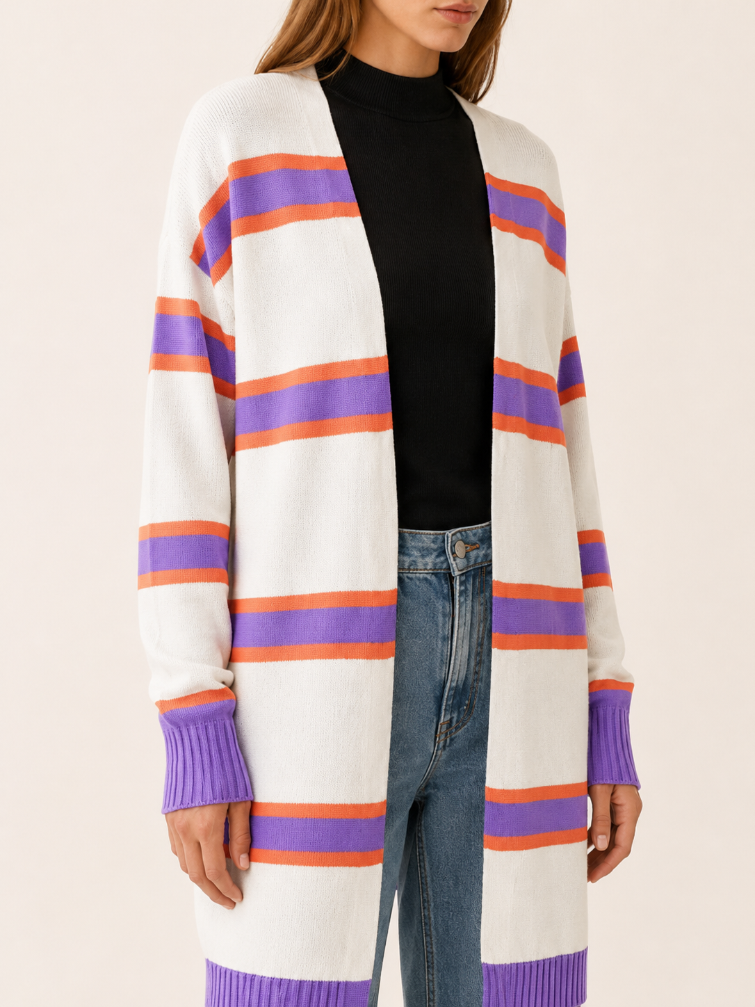 Maëlle Desrosiers | Long Cardigan with Open Front and Striped Design