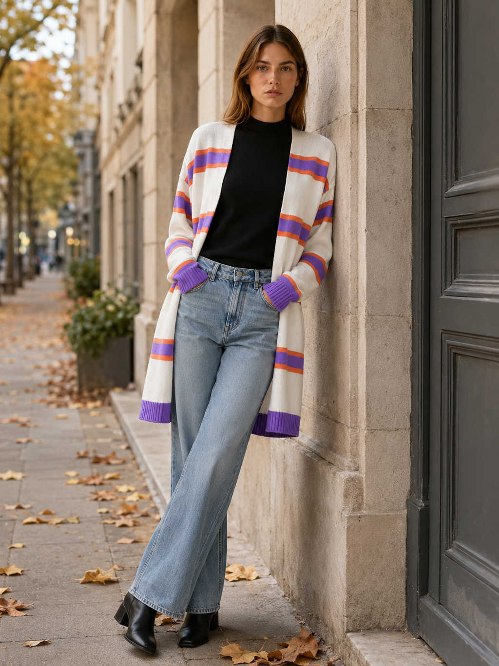 Maëlle Desrosiers | Long Cardigan with Open Front and Striped Design