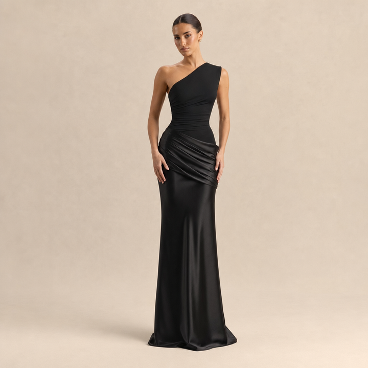Simone Leclerc | One Shoulder Ruched Satin Fishtail Maxi Dress
