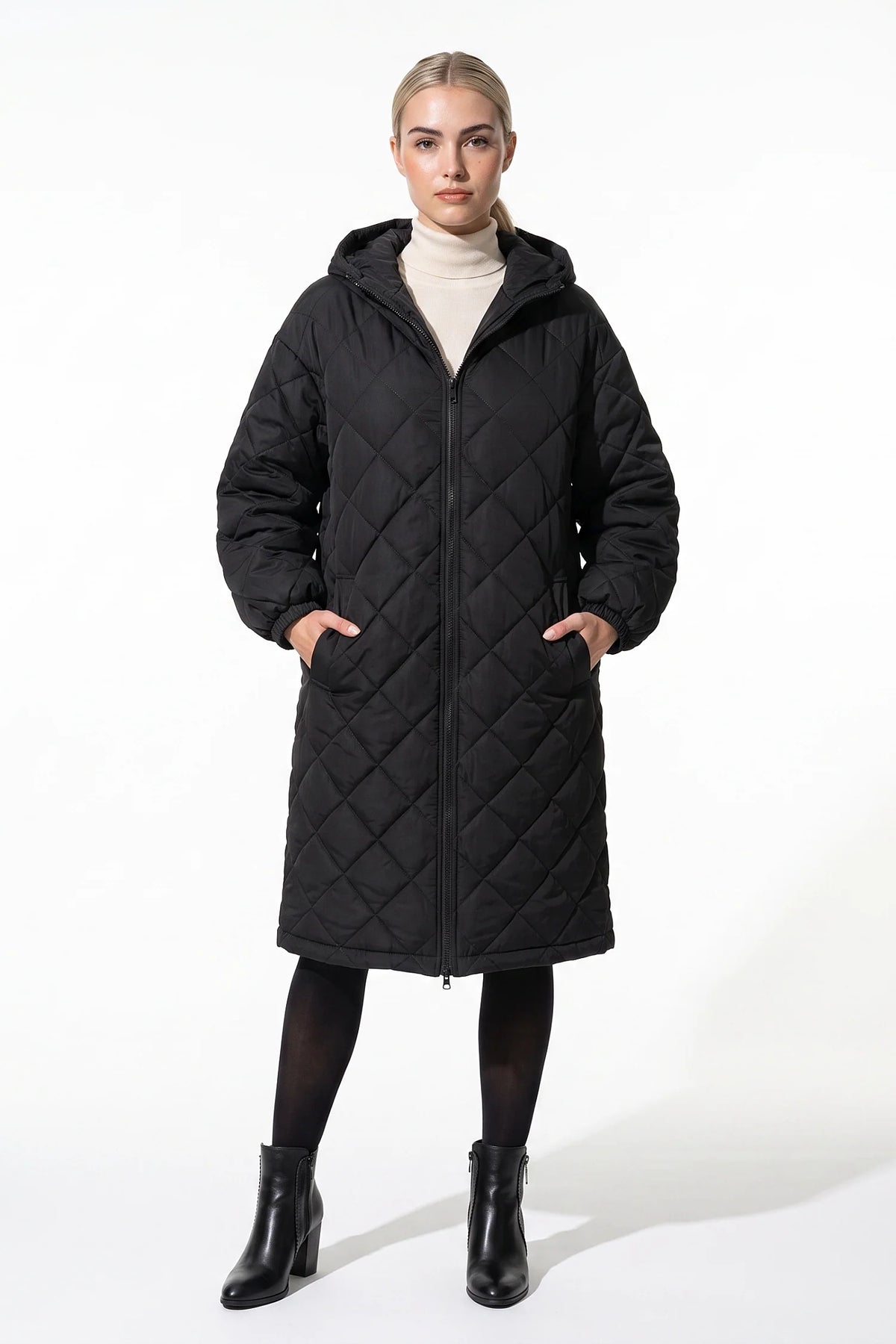 Mylène Tessier | Women's Winter Warm Long Diamond Quilted Hooded Puffer Coat