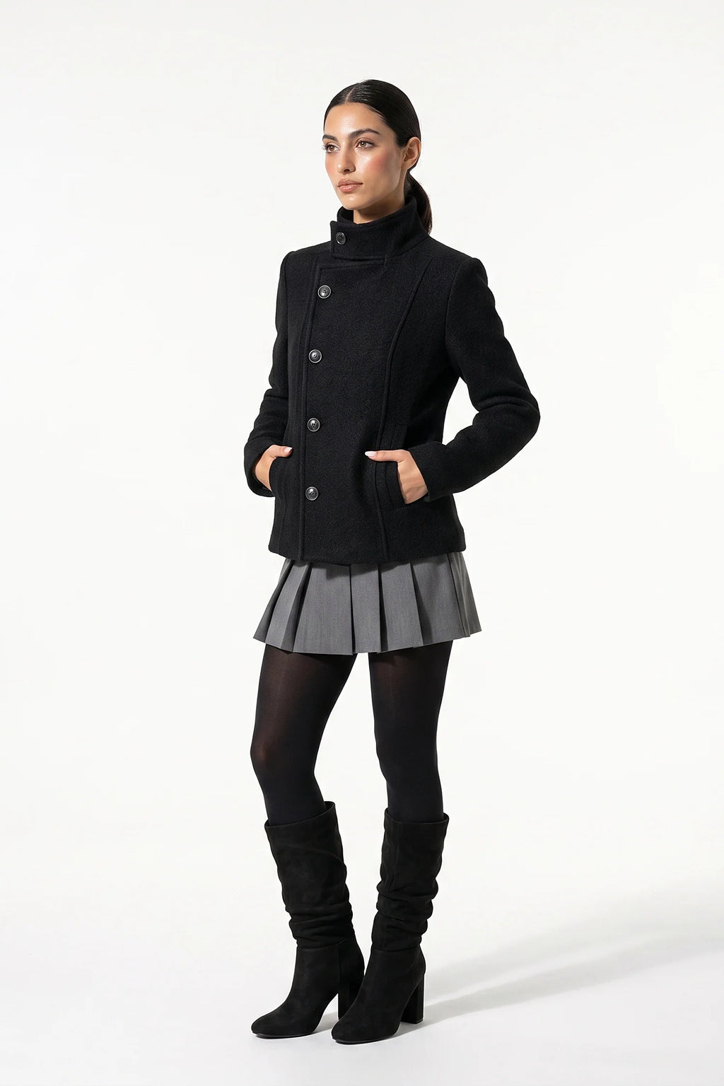 Bérénice Vallet | Women’s Winter Warm Asymmetric Button Black Short Coat with High Collar