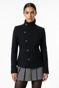 Bérénice Vallet | Women’s Winter Warm Asymmetric Button Black Short Coat with High Collar
