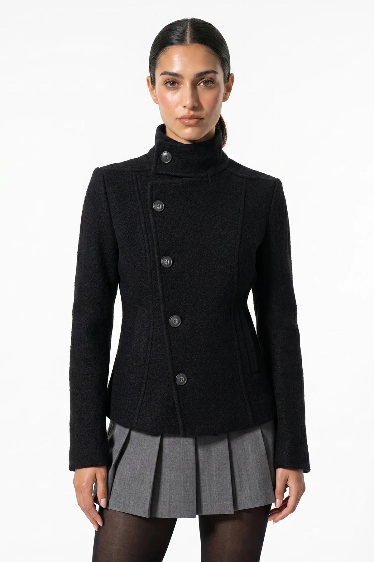 Bérénice Vallet | Women’s Winter Warm Asymmetric Button Black Short Coat with High Collar