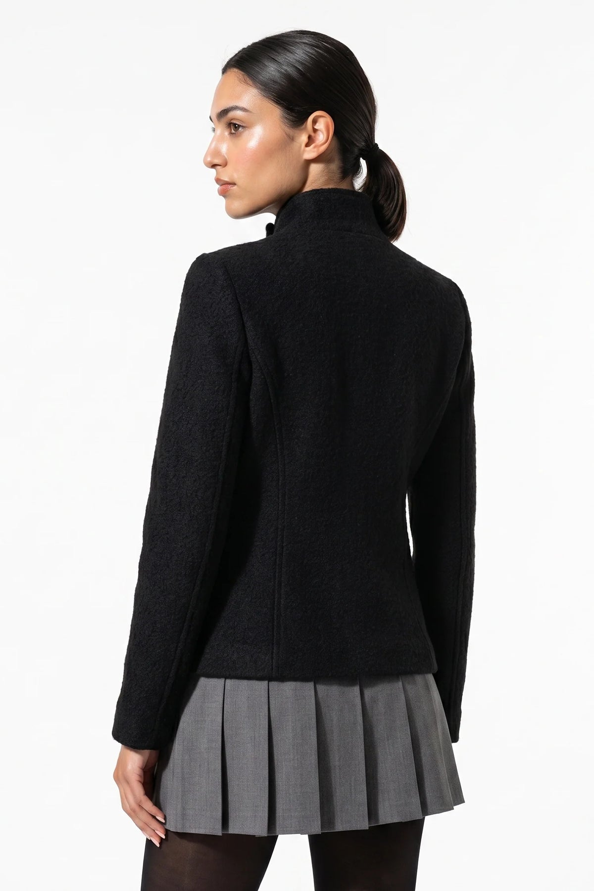 Bérénice Vallet | Women’s Winter Warm Asymmetric Button Black Short Coat with High Collar
