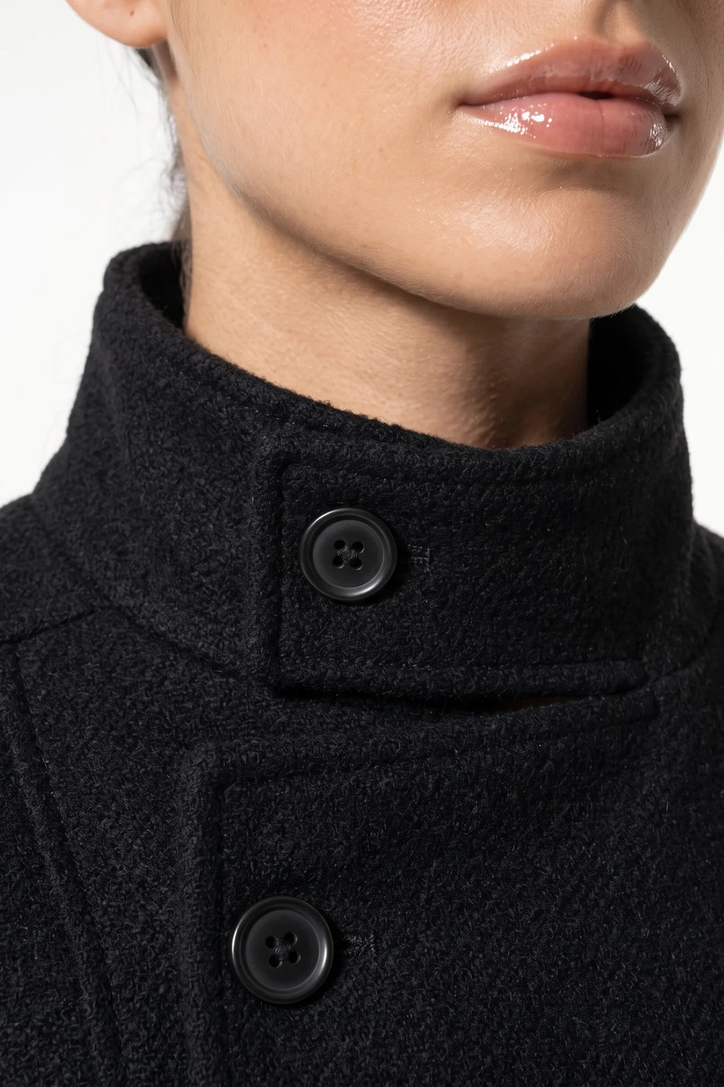 Bérénice Vallet | Women’s Winter Warm Asymmetric Button Black Short Coat with High Collar