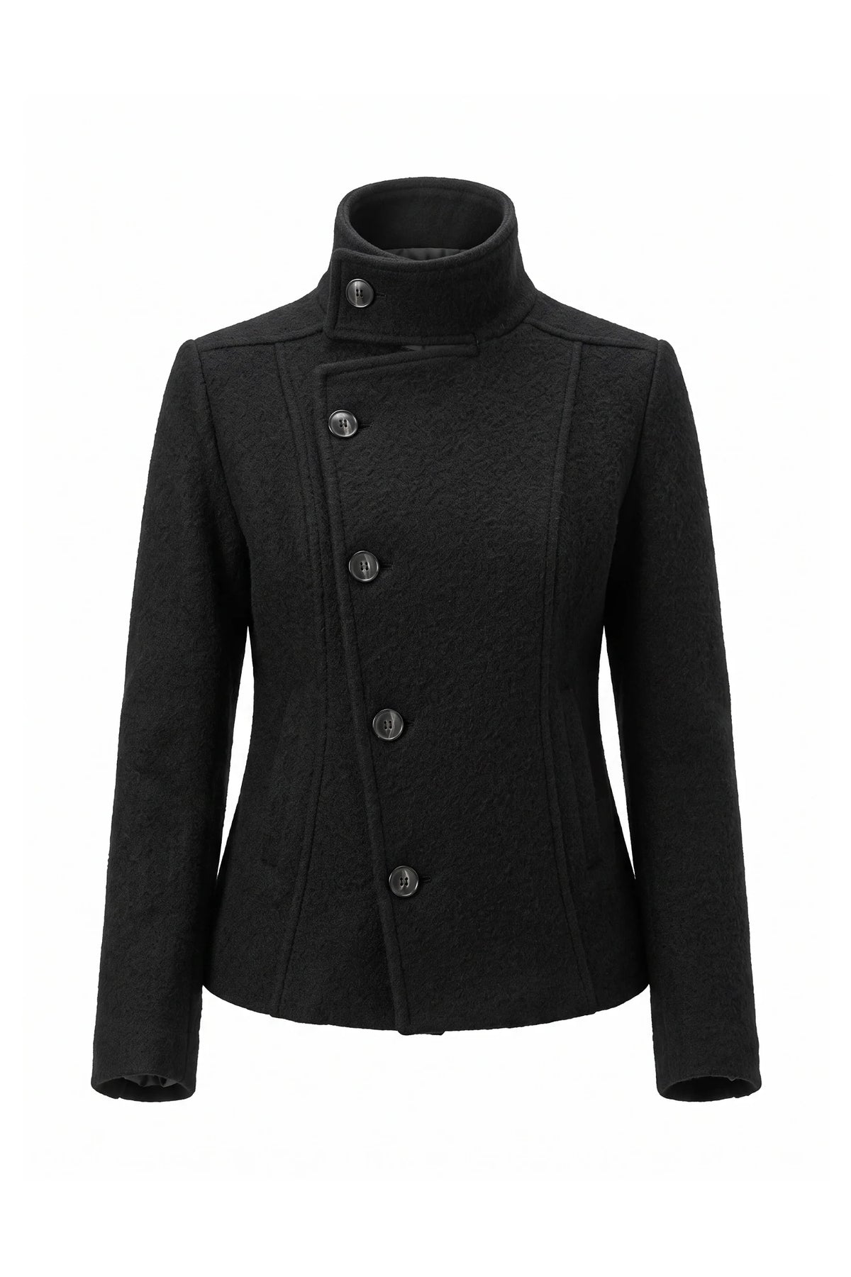 Bérénice Vallet | Women’s Winter Warm Asymmetric Button Black Short Coat with High Collar
