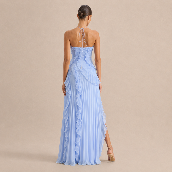 Noémie Gauthier | Pleated Ruffle Halter High-Low Maxi Dress