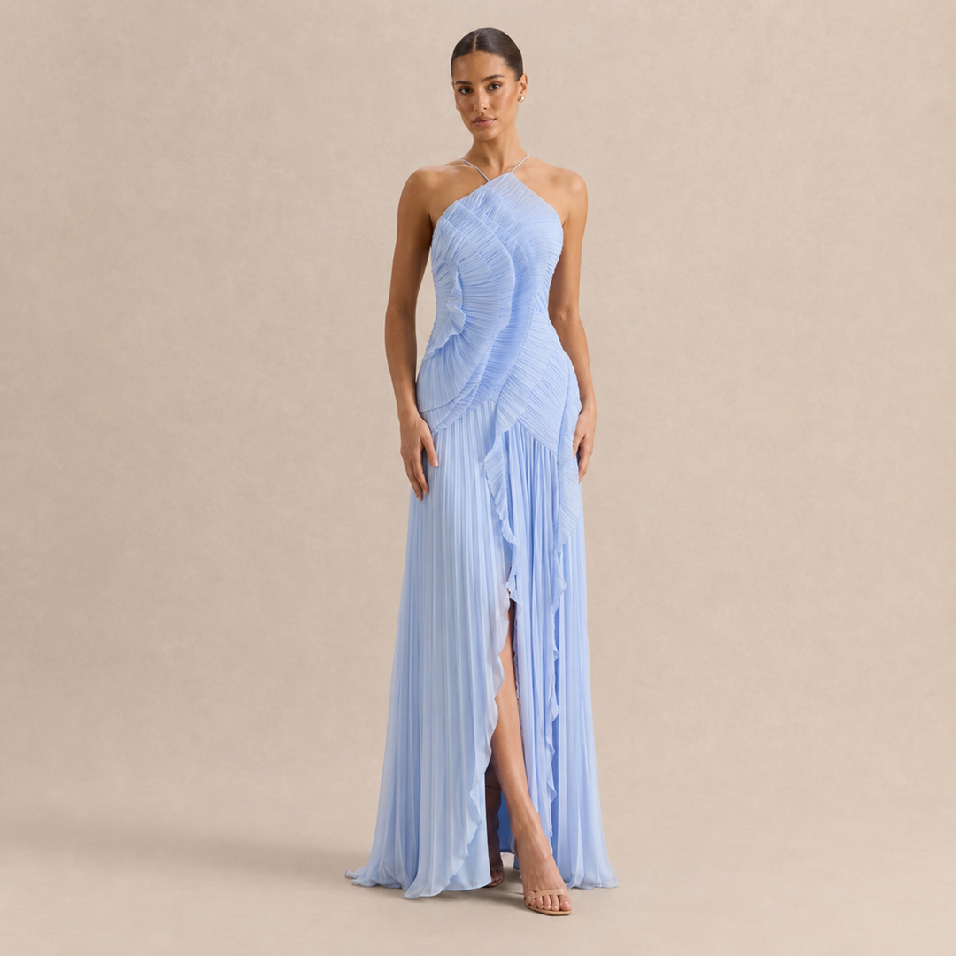 Noémie Gauthier | Pleated Ruffle Halter High-Low Maxi Dress