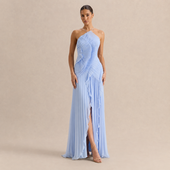 Noémie Gauthier | Pleated Ruffle Halter High-Low Maxi Dress