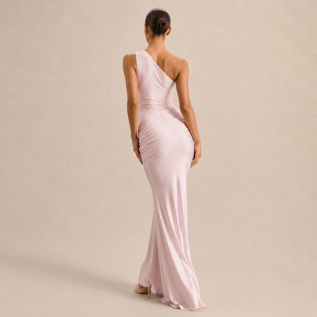 Simone Leclerc | One Shoulder Ruched Satin Fishtail Maxi Dress