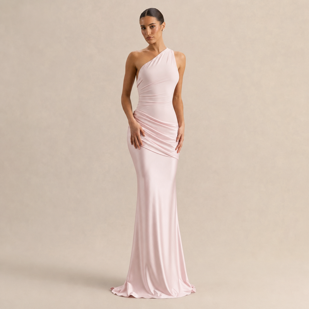 Simone Leclerc | One Shoulder Ruched Satin Fishtail Maxi Dress