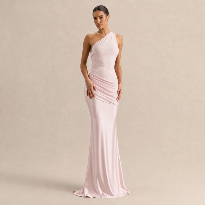 Simone Leclerc | One Shoulder Ruched Satin Fishtail Maxi Dress