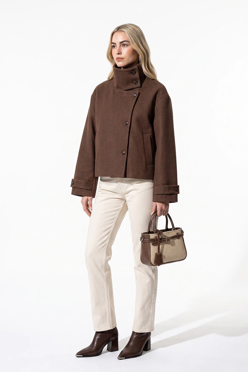 Soline Navet | Women's Winter Warm Wool Short Trench Coat with High Collar Button Front