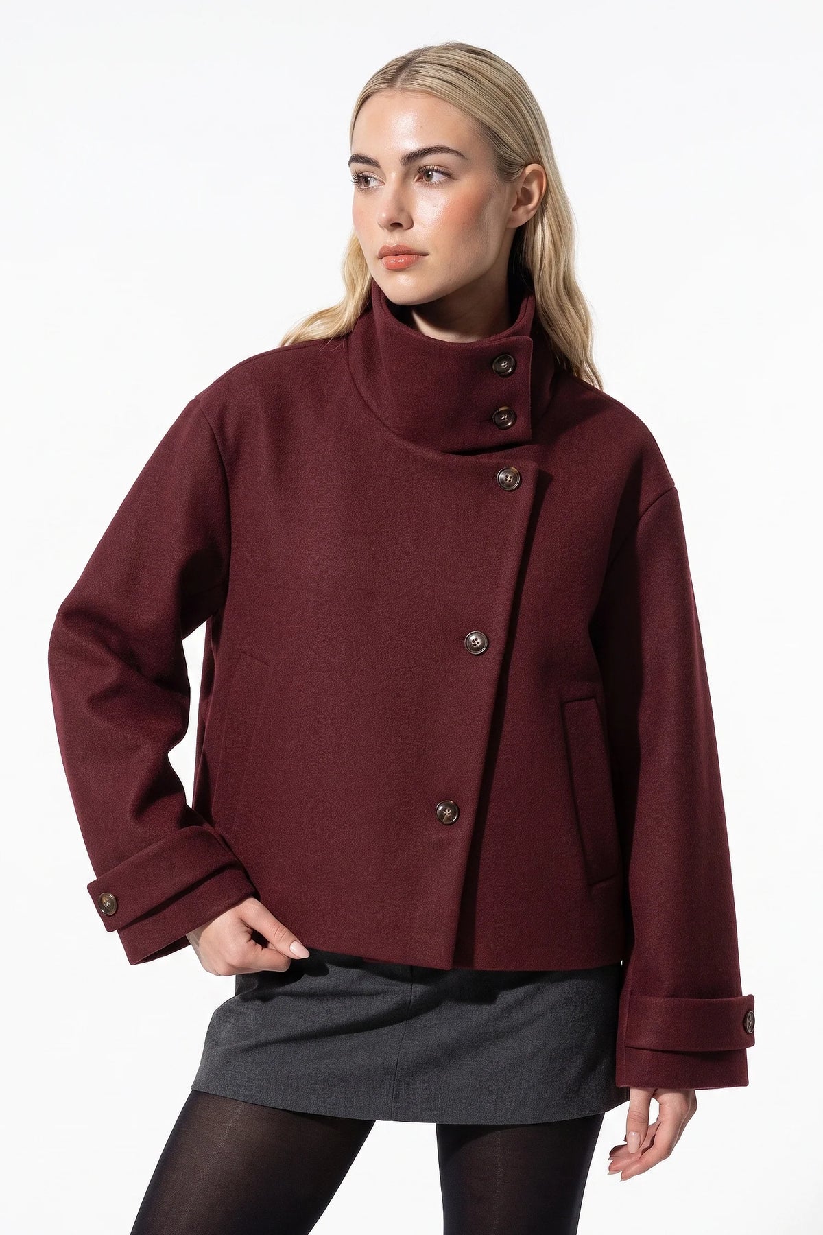 Soline Navet | Women's Winter Warm Wool Short Trench Coat with High Collar Button Front