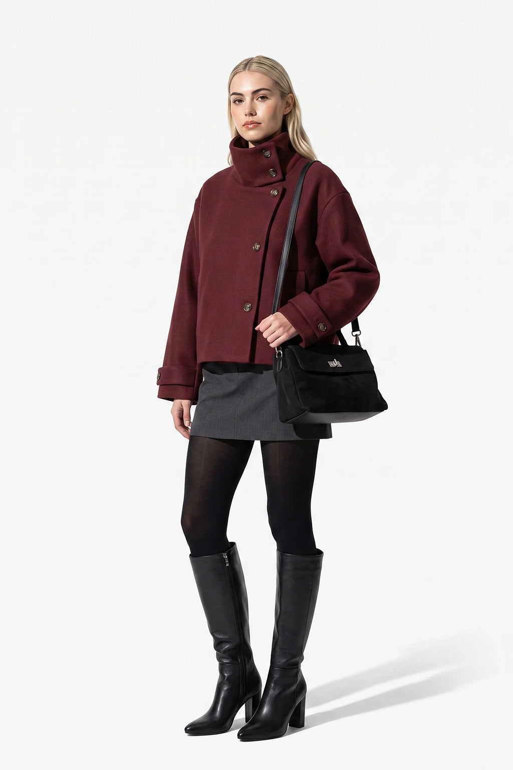 Soline Navet | Women's Winter Warm Wool Short Trench Coat with High Collar Button Front