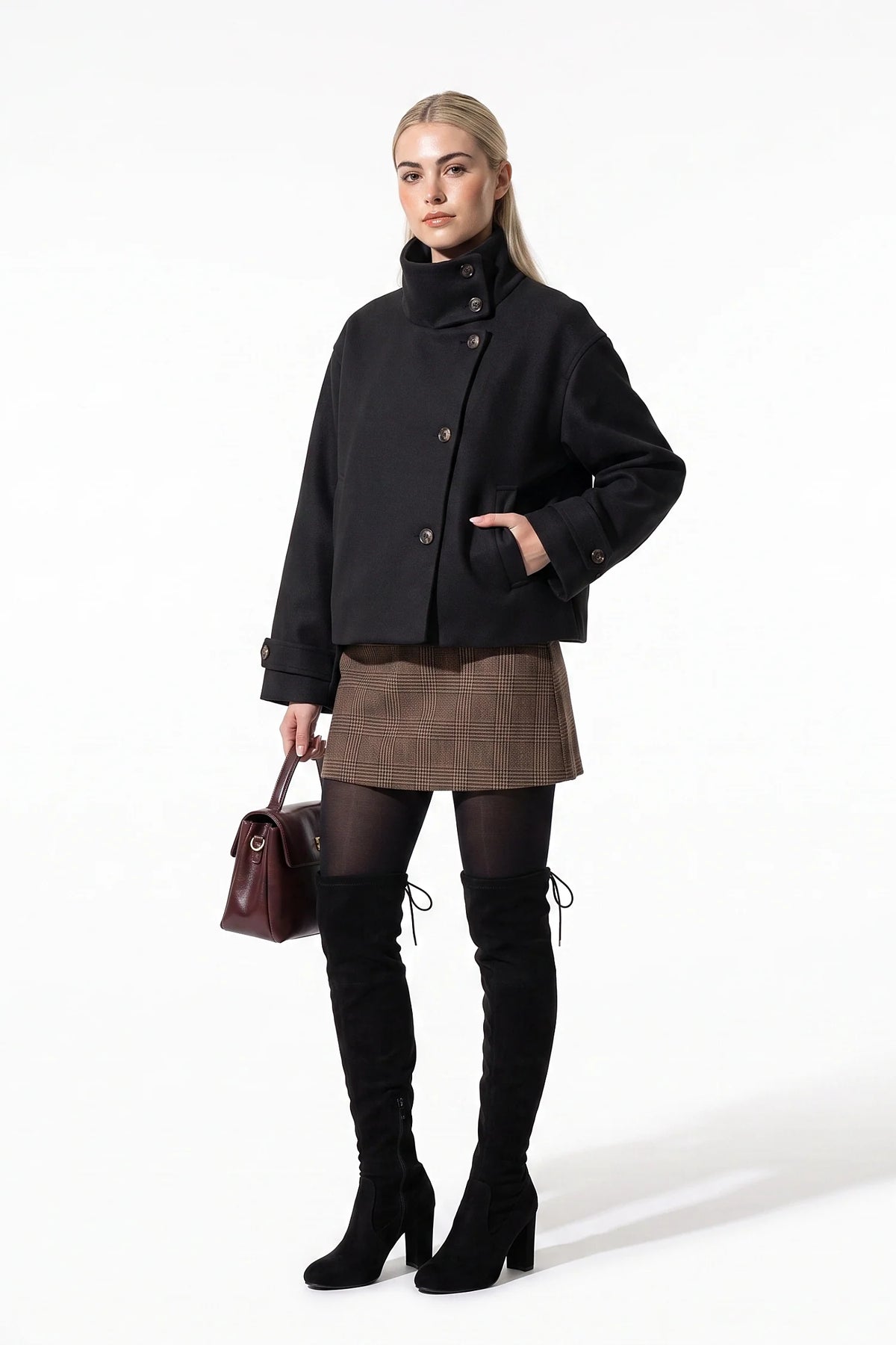 Soline Navet | Women's Winter Warm Wool Short Trench Coat with High Collar Button Front